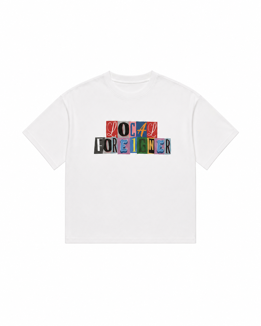 A white short-sleeve crewneck t-shirt featuring a colorful graphic text print on the chest that reads &
